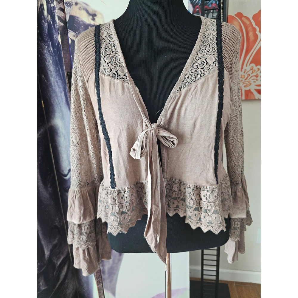 POL Women's Taupe Brown Lace Tie Front Cardigan Ruffle Sleeve Boho Shrug Size M